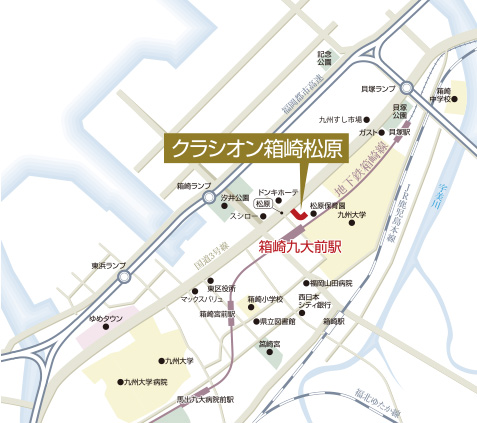 クラシオン箱崎松原周辺地図